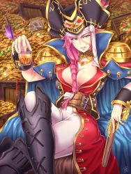 Rule 34 | 10s, 1girl, black footwear, blue eyes, boots, braid, breasts, cape, chalice, cleavage, cup, drinking glass, fate/extra, fate/grand order, fate (series), francis drake (fate), francis drake (third ascension) (fate), gem, gold, gun, hat, highres, holding, holding gun, holding weapon, jewelry, knee boots, long hair, looking at viewer, pink hair, pirate hat, scar, shao (newton), smile, solo, treasure chest, weapon