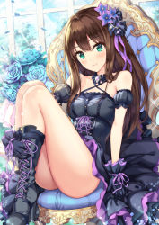 Rule 34 | 1girl, aqua eyes, ass, bare arms, bare shoulders, beads, black dress, black footwear, black gloves, blue flower, blush, boots, breasts, brooch, brown hair, chair, closed mouth, collarbone, criss-cross halter, cross-laced footwear, day, detached collar, detached sleeves, dress, flower, glint, gloves, hair flower, hair ornament, halterneck, hamahama, high heel boots, high heels, highres, idolmaster, idolmaster cinderella girls, jewelry, knee boots, knees up, lace-up boots, legs, legs together, legs up, long hair, looking at viewer, no socks, petals, puffy short sleeves, puffy sleeves, purple flower, rose, shibuya rin, short sleeves, sitting, small breasts, smile, solo, thighs, window