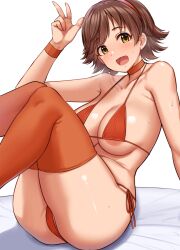 Rule 34 | 1girl, areola slip, ass, bikini, breasts, brown hair, choker, collarbone, commentary request, feet out of frame, hairband, highres, honda mio, idolmaster, idolmaster cinderella girls, knees up, large areolae, large breasts, legs, looking at viewer, orange bikini, orange choker, orange thighhighs, red hairband, short hair, side-tie bikini bottom, simple background, sitting, solo, sweat, swimsuit, thighhighs, tomajiyama, white background, yellow eyes