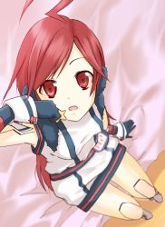 Rule 34 | 1girl, ahoge, bad id, bad pixiv id, bed, belt, dress, female focus, gloves, headphones, joints, long hair, looking up, meso-meso, red eyes, red hair, robot joints, sf-a2 miki, solo, star (symbol), striped clothes, striped gloves, vocaloid, wrist cuffs