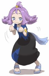 Rule 34 | 1girl, absurdres, acerola (pokemon), armlet, blue eyes, bright pupils, collarbone, creatures (company), dress, elite four, flat chest, flipped hair, full body, game freak, hair ornament, half updo, highres, looking at viewer, nintendo, pokemon, pokemon sm, purple hair, sandals, short hair, simple background, solo, spoilers, stitches, topknot, trial captain, wavy mouth, white background, yamamoto souichirou