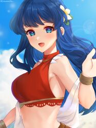 Rule 34 | 1girl, :d, bare shoulders, blue eyes, blue hair, blue sky, bracelet, breasts, caeda (fire emblem), caeda (summer) (fire emblem), cloud, commentary request, edamameoka, fire emblem, fire emblem: mystery of the emblem, fire emblem heroes, flower, hair flower, hair ornament, highres, jewelry, long hair, looking at viewer, medium breasts, nintendo, official alternate costume, open mouth, sky, smile, solo, swimsuit, upper body