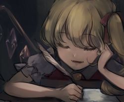 Rule 34 | 1girl, blonde hair, closed eyes, collared shirt, commentary request, crystal, dark, elbow rest, eyelashes, fangs, feathers, flandre scarlet, hair ribbon, head rest, holding, holding feather, holding quill, medium hair, one side up, open mouth, pointy ears, poteimo (poteimo622), puffy short sleeves, puffy sleeves, quill, red ribbon, red vest, ribbon, shirt, short sleeves, sleeping, solo, table, touhou, upper body, vest, white shirt, wings, yellow neckwear