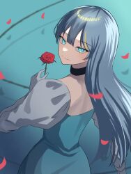 Rule 34 | 1girl, absurdres, black choker, black hair, blue background, blue dress, blue eyes, choker, closed mouth, commentary, dress, falling petals, flower, from behind, highres, holding, holding flower, indie utaite, long hair, looking at viewer, petals, queen (vocaloid), red flower, red rose, rose, solo, tsukuno tsuki, utaite, yamada. (utaite)