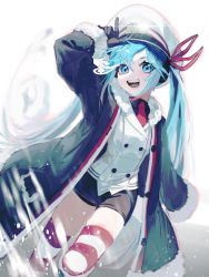 Rule 34 | 1girl, aqua eyes, aqua hair, bike shorts, black coat, black gloves, black shirt, black shorts, buttons, coat, colored tips, double-breasted, feet out of frame, fur-trimmed coat, fur trim, glint, gloves, hair ribbon, hand up, hat, hatsune miku, highres, jacket, kasang card, long hair, military, military uniform, multicolored hair, naval uniform, necktie, peaked cap, red hair, red necktie, red ribbon, red thighhighs, ribbon, shirt, shorts, skindentation, snow, solo, sparkle, standing, striped clothes, striped thighhighs, thighhighs, uniform, very long hair, vocaloid, white jacket, white thighhighs, yuki miku, yuki miku (2022)