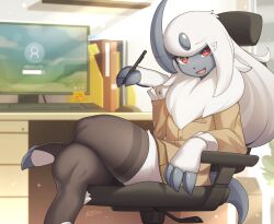 Rule 34 | 1girl, :3, absol, absurdres, animal feet, animal hands, animal nose, artist name, black thighhighs, body fur, book, breast pocket, bright pupils, brown dress, buttons, chair, claws, colored skin, computer, crack, creatures (company), dated, day, desk, dress, female focus, flat chest, furry, furry female, game freak, gen 3 pokemon, grey horns, grey skin, half-closed eye, hand up, happy, highres, holding, holding stylus, horns, indoors, keyboard (computer), legs, light particles, light rays, long hair, long sleeves, looking at viewer, monitor, mouse (computer), neck fur, nintendo, office chair, on chair, open mouth, pocket, pokemon, pokemon (creature), red eyes, short dress, sidelocks, signature, single horn, sitting, smile, solo, sticky note, stirrup legwear, stylus, swivel chair, tail, thighhighs, thighs, toeless legwear, trash can, uneven eyes, white fur, white hair, white pupils, zinfyu