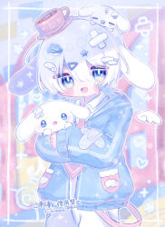 Rule 34 | 1boy, animal, animal ears, animal on head, bandage on hair, bandages, bandaid, bandaid on arm, bandaid on clothes, bandaid on face, blue eyes, blue jacket, blush stickers, cinnamon roll, cinnamoroll, cloud, cloud hair ornament, collared shirt, commentary, cowboy shot, crossed bandaids, cup, detached wings, dog, dog ears, drink, droopy ears, food, food-themed hair ornament, hair ornament, hairclip, heart, highres, holding, holding animal, hood, hooded jacket, humanization, jacket, male focus, milk (sanrio), minazuki lein, mug, necktie, on head, open clothes, open jacket, open mouth, pants, pastel colors, pastry, personification, pink necktie, plate, puppy, sanrio, shirt, short hair, signature, solo, sparkle, star (symbol), star hair ornament, teardrop, tearing up, tears, translation request, white hair, white pants, white shirt, white wings, wing hair ornament, wings