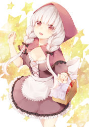 Rule 34 | 1girl, :d, apron, azuki (krps-hano), basket, black ribbon, blush, braid, breasts, brown dress, brown eyes, capelet, cleavage, cowboy shot, dress, food, frilled dress, frills, fruit, hair ribbon, hands up, head scarf, highres, holding, holding basket, large breasts, little red riding hood, little red riding hood (grimm), long hair, looking up, low twintails, manatsuki manata, open mouth, original, picnic basket, ribbon, short sleeves, smile, solo, star (symbol), starry background, tress ribbon, twin braids, twintails, waist apron, white hair