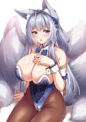 Rule 34 | 1girl, absurdres, animal ear fluff, animal ears, azur lane, bare shoulders, black pantyhose, blue eyes, bodysuit, bow, bowtie, breasts, brown pantyhose, chips (food), cleavage, collar, detached collar, food, fox ears, fox girl, fox tail, hand on own chest, highres, huge breasts, kitsune, kyuubi, leotard, mole, mole under eye, moyoron, multiple tails, nontraditional playboy bunny, pantyhose, poker chip, shinano (aircraft carrier), shinano (azur lane), simple background, sitting, skin tight, skindentation, sleeve cuffs, solo, tail, thighs, white background, white hair, zipper