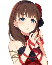 Rule 34 | 10s, 1girl, bad id, bad pixiv id, bare shoulders, blue eyes, breasts, brown hair, choker, earrings, flower, hair flower, hair ornament, hairband, idolmaster, idolmaster cinderella girls, idolmaster cinderella girls starlight stage, jewelry, looking at viewer, ribbon, sakuma mayu, short hair, simple background, smile, solo, thorns, yuuhi (ages)