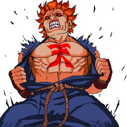 Rule 34 | 1boy, bad id, bad pixiv id, body writing, capcom, akuma (street fighter), lowres, male focus, open clothes, open shirt, red eyes, shirt, solo, street fighter, teeth, torn clothes, ug (ugg), white background