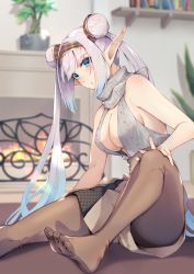 Rule 34 | 1girl, bare shoulders, blue eyes, blush, breasts, britomart (fate), brown pantyhose, brown shorts, buttons, cleavage, contemporary, double-breasted, double bun, fate/grand order, fate (series), feet, fireplace, grey hair, hair bun, hairband, halterneck, high-waist shorts, highres, indoors, large breasts, long hair, looking at viewer, nakaga eri, pantyhose, pointy ears, shorts, sideboob, sitting, soles, solo, sweater, toes, turtleneck, turtleneck sweater, twintails, very long hair