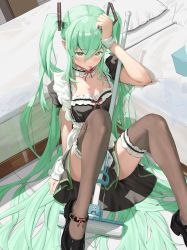 Rule 34 | 1girl, :p, apron, aqua eyes, aqua hair, arm support, bed, between legs, black footwear, black thighhighs, blush, breasts, bridal garter, brown thighhighs, choker, cleavage, dress, frilled choker, frilled dress, frilled thighhighs, frills, hair between eyes, hand on own head, hatsune miku, high heels, highres, indoors, long hair, looking at viewer, maid, maid apron, medium breasts, mop, on floor, pillow, shoes, short sleeves, sitting, solo, thighhighs, thighs, tongue, tongue out, twintails, user dydg2722, very long hair, vocaloid, wrist cuffs