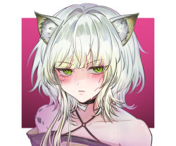 Rule 34 | 1girl, absurdres, animal ears, arknights, bare shoulders, black collar, blush, border, cat ears, collar, collarbone, criss-cross halter, dress, green eyes, green hair, halterneck, highres, kal&#039;tsit (arknights), looking at viewer, material growth, medium hair, off-shoulder dress, off shoulder, oripathy lesion (arknights), outside border, pink background, shaded face, simple background, solo, sweatdrop, tangli (yishabeier), v-shaped eyebrows, white border