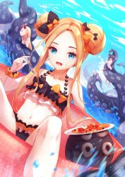 Rule 34 | 4girls, abigail williams (fate), bare shoulders, bikini, black bikini, black bow, blonde hair, blue eyes, blue sky, blush, bow, breasts, double bun, emerald float, faicha, fate/grand order, fate (series), food, forehead, fork, frilled bikini, frills, hair bow, hair bun, ibaraki douji (fate), ibaraki douji (swimsuit lancer) (first ascension) (fate), innertube, katsushika hokusai (fate), lavinia whateley (emerald float) (fate), lavinia whateley (fate), linea alba, long hair, looking at viewer, multiple girls, multiple hair bows, navel, nude, ocean, official alternate costume, open mouth, orange bow, pancake, parted bangs, plate, polka dot, polka dot bow, sky, small breasts, smile, swim ring, swimsuit, tentacles, thighs