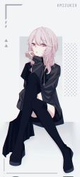 Rule 34 | 1other, :o, akiyama mizuki, black jacket, black shirt, black shorts, black thighhighs, character name, full body, hair between eyes, hand on own cheek, hand on own face, head rest, highres, jacket, knee up, knees together feet apart, long hair, long sleeves, looking at viewer, open clothes, open jacket, open mouth, other focus, pink eyes, pink hair, project sekai, ritzchrono, shirt, shorts, sidelocks, simple background, sitting, solo, thighhighs, white background
