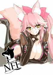 Rule 34 | 1girl, absurdres, animal ear fluff, animal ears, black bodysuit, blush, bodysuit, bow, breasts, center opening, choker, cleavage, fate/grand order, fate (series), fox ears, fox girl, fox shadow puppet, fox tail, glasses, hair between eyes, hair bow, highres, hip vent, kotou mai, koyanskaya (fate), large breasts, long hair, looking at viewer, lying, on stomach, pink bow, pink hair, ponytail, sidelocks, smile, solo, tail, tamamo (fate), yellow eyes