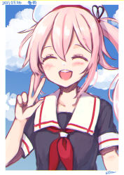 Rule 34 | 1girl, beret, black serafuku, blue sky, closed eyes, cloud, commentary request, hair ribbon, harusame (kancolle), hat, kantai collection, long hair, neckerchief, open mouth, pink hair, red neckerchief, ribbon, round teeth, school uniform, serafuku, side ponytail, silica (silica silylate), sky, solo, teeth, upper body, upper teeth only, v, white hat