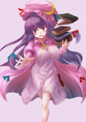 Rule 34 | 1girl, aori akabane, arm up, blush, book, book stack, bouncing breasts, breasts, cowboy shot, crescent, crescent hair ornament, double bun, foot out of frame, grey background, hair bun, hair ornament, hair ribbon, hat, lavender dress, leg lift, long hair, looking at viewer, medium breasts, mob cap, open mouth, patchouli knowledge, pink robe, purple hair, reaching, reaching towards viewer, red eyes, red footwear, ribbon, robe, running, simple background, solo, touhou, tress ribbon, very long hair