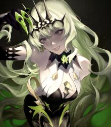 Rule 34 | 1girl, absurdres, bare shoulders, black dress, black gloves, breasts, claw ring, cowboy shot, crown, crysangria, dress, gloves, green eyes, green hair, hand up, highres, honkai (series), honkai impact 3rd, leaning forward, long hair, mobius (honkai impact), slit pupils, smile, solo, teeth, very long hair, wavy hair