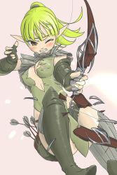 Rule 34 | 1girl, arrow (projectile), blonde hair, blush, boots, bow, elf, gloves, highres, one eye closed, pink background, pointy ears, simple background, teeth, torn clothes, whispercat