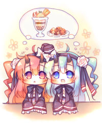 Rule 34 | +++, 2girls, :d, :o, azur lane, black bow, black dress, black hairband, black hat, blue eyes, blue hair, blush, bow, brown eyes, brown hair, checkerboard cookie, cookie, dress, flower, food, frilled sleeves, frills, hair between eyes, hair flower, hair ornament, hairband, hat, hat bow, horns, ikazuchi (azur lane), ikazuchi (sakura tea) (azur lane), inazuma (azur lane), inazuma (vanilla pudding) (azur lane), long hair, long sleeves, mini hat, mini top hat, multiple girls, one side up, open mouth, parfait, parted lips, rose, sakurato ototo shizuku, sleeves past fingers, sleeves past wrists, smile, thought bubble, top hat, very long hair, wafer stick, white bow, white flower, white rose