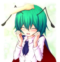 Rule 34 | 1girl, 1other, antennae, black cape, blush, cape, closed eyes, collared shirt, commentary request, flat chest, green hair, headpat, mofupaka, open mouth, red cape, shirt, short hair, smile, solo focus, touhou, two-sided cape, two-sided fabric, upper body, white shirt, wriggle nightbug