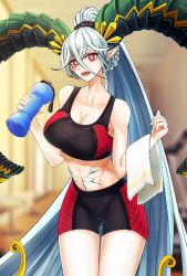 Rule 34 | 1girl, abs, absurdres, alternate costume, alternate hairstyle, bike shorts, black shorts, black sports bra, blue hair, blurry, blurry background, bottle, breasts, casul, cleavage, collarbone, commentary, commission, english commentary, fangs, fate/grand order, fate (series), hair between eyes, hair ornament, highres, holding, holding bottle, horns, huge filesize, large breasts, long hair, long horns, navel, open mouth, ponytail, pubic tattoo, red eyes, red shorts, sharp teeth, shorts, solo, sports bra, stomach tattoo, symbol-shaped pupils, tattoo, teeth, thigh gap, tiamat (fate), towel on arm, two-tone bra, two-tone shorts, two-tone sports bra, very long hair, water bottle, x-shaped pupils