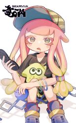 Rule 34 | 1girl, ball, baseball cap, black shirt, blonde hair, blue footwear, bracelet, colored eyelashes, commentary request, eyelashes, gradient hair, green eyes, harmony (splatoon), hat, highres, holding, holding ball, holding phone, jewelry, long hair, looking at viewer, low-tied long hair, multicolored hair, multiple bracelets, nintendo, open mouth, phone, pink hair, shirt, shoes, simple background, sitting, solo, splatoon (series), splatoon 3, squid, striped clothes, striped headwear, stuffed toy, two-tone hair, white background, yn uo0
