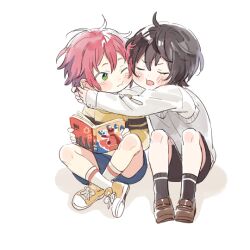 Rule 34 | 2boys, aged down, arms around neck, black hair, book, brown footwear, closed eyes, closed mouth, crossed legs, ensemble stars!, full body, green eyes, hair between eyes, holding, holding book, hug, isara mao, knees up, long sleeves, male focus, multiple boys, one eye closed, open mouth, purple hair, sakuma ritsu, seuga, shoelaces, short hair, simple background, sitting, socks, sweater vest, white background