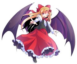 Rule 34 | 1girl, alphes (style), bat wings, black footwear, black vest, blonde hair, bow, bowtie, dairi, elis (touhou), eyebrows, facial mark, facing away, flat chest, flower, frilled skirt, frills, full body, hair between eyes, hair bow, hair flower, hair intakes, hair ornament, loafers, long hair, long skirt, long sleeves, looking at viewer, open clothes, open vest, parody, pointy ears, puffy long sleeves, puffy sleeves, purple eyes, red bow, red bowtie, red skirt, shirt, shoes, skirt, solo, star (symbol), style parody, touhou, touhou (pc-98), transparent background, tsurime, vest, wand, white shirt, wings