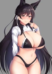 Rule 34 | 1girl, animal ears, arm behind back, atago (azur lane), atago (stunning speedster) (azur lane), azur lane, bikini, black bikini, black hair, black panties, blush, breasts, cropped jacket, finger to mouth, grey background, hair tie, highres, kisaragi nana, large breasts, long hair, long sleeves, looking at viewer, mole, mole under eye, navel, official alternate costume, panties, simple background, smile, solo, swimsuit, underwear, very long hair
