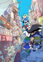 Rule 34 | 4girls, apron, arm up, arms behind head, bad id, bad twitter id, barefoot, black eyes, black footwear, black hair, black hat, black shirt, black skirt, black wings, blonde hair, bloomers, blue dress, blue eyes, blue hair, blue skirt, blue sky, blue vest, boots, bow, braid, building, camera, capelet, cirno, cliff, day, dress, flat cap, frilled skirt, frills, geta, green footwear, green hat, hair bobbles, hair bow, hair ornament, hair ribbon, hat, hat bow, highres, industrial pipe, jpeg artifacts, kawashiro nitori, key, kirisame marisa, looking up, moyazou (kitaguni moyashi seizoujo), multiple girls, open mouth, outdoors, pointy ears, pom pom (clothes), puffy short sleeves, puffy sleeves, red bow, red eyes, red footwear, red hat, red ribbon, ribbon, robot, shameimaru aya, shirt, shoes, short hair, short sleeves, side braid, single braid, skirt, sky, smile, standing, standing on another&#039;s head, standing on one leg, surprised, sweat, tengu-geta, tokin hat, touhou, tress ribbon, twintails, two side up, underwear, vest, waist apron, white apron, white bow, white footwear, white shirt, wings, witch hat, yellow eyes