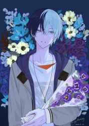 Rule 34 | 1boy, aoyagi touya, beni tinn, blue flower, blue hair, bouquet, dark blue hair, dated, facing viewer, floral background, flower, grey eyes, hair between eyes, happy birthday, highres, holding, holding bouquet, jacket, jewelry, long sleeves, male focus, mole, mole under eye, multicolored hair, necklace, open clothes, open jacket, parted lips, project sekai, purple flower, short hair, sideways glance, solo, split-color hair, two-tone hair, upper body