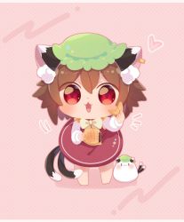 Rule 34 | 1girl, :3, :d, animal ear fluff, animal ears, bow, brown hair, cat, cat ears, cat tail, chen, chibi, earrings, full body, green headwear, hat, heart, highres, ibaraki natou, jewelry, long sleeves, looking at viewer, mob cap, mochen, multiple tails, nekomata, open mouth, pink background, plaid, plaid background, polka dot, short hair, simple background, single earring, smile, standing, tail, touhou, two tails