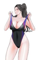 Rule 34 | 10s, 1girl, bare shoulders, black eyes, black hair, breasts, cameltoe, chiba shuusaku, competition swimsuit, covered erect nipples, executive mishiro, female focus, hair slicked back, highres, idolmaster, idolmaster cinderella girls, large breasts, long hair, one-piece swimsuit, sideboob, simple background, solo, sweatdrop, swimsuit, thighs, twitter username