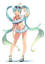 Rule 34 | 1girl, :d, aqua eyes, aqua hair, bare shoulders, bikini, bikini skirt, blush, bracelet, breasts, collarbone, commentary request, full body, goodsmile racing, gradient hair, hair ornament, hatsune miku, highres, jewelry, kanzaki hiro, logo, long hair, looking at viewer, medium breasts, microskirt, multicolored hair, navel, necklace, official art, open mouth, piapro, platform footwear, racing miku, racing miku (2018), sidelocks, simple background, skirt, smile, solo, standing, sunglasses, swimsuit, tan, twintails, very long hair, vocaloid, white background