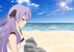 Rule 34 | 00s, 1girl, bare shoulders, beach, blue eyes, day, dress, from side, hair ribbon, half-closed eyes, hiiragi kagami, horns, looking down, lucky star, outdoors, pink hair, profile, ribbon, sand, shore, single horn, sitting, solo, sun, sundress, sunlight, twintails, water