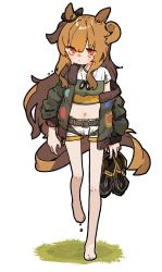 Rule 34 | 1girl, amonitto, animal ears, bare legs, barefoot, belt, blush, bomber jacket, boots, unworn boots, brown hair, closed mouth, commentary request, crop top, dog tags, full body, green jacket, highres, holding, holding boots, holding clothes, holding footwear, horse ears, horse girl, horse tail, jacket, long hair, long sleeves, mayano top gun (umamusume), midriff, navel, off shoulder, open clothes, open jacket, orange eyes, short shorts, shorts, snot, solo, tail, tears, two side up, umamusume, walking, white shorts