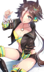 Rule 34 | 1girl, animal ears, black footwear, black jacket, black shorts, boots, breasts, brown hair, cleavage, closed mouth, hair over one eye, highres, horse ears, horse girl, horse tail, jacket, long hair, long sleeves, looking at viewer, poco., shirt, shorts, simple background, smile, solo, stopwatch, stopwatch around neck, tail, thigh boots, tongue, tongue out, umamusume, vodka (umamusume), white background, yellow eyes, yellow shirt