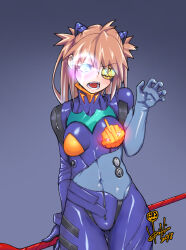 Rule 34 | 2018, adapted costume, alternate color, blue bodysuit, blue eyes, bodysuit, breasts, brown hair, claw pose, claws, clothing cutout, curvy, dated, eyepatch, glowing, glowing eye, hair ornament, halloween costume, horishin1986, interface headset, long hair, looking at viewer, medium breasts, navel, navel cutout, neon genesis evangelion, plugsuit, polearm, simple background, solo, souryuu asuka langley, standing, trident, very long hair, weapon, wide hips