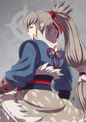 Rule 34 | 1boy, artist name, back, bow (weapon), brown eyes, fire emblem, fire emblem fates, from behind, fur trim, grey background, grey hair, long hair, looking at viewer, looking back, male focus, nintendo, orange eyes, pelt, polarityplus, ponytail, solo, takumi (fire emblem), weapon, yumi (bow)