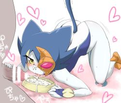 Rule 34 | 1girl, all fours, animal ears, artist request, bar censor, bent over, blue hair, bowl, cat ears, cat girl, cat tail, censored, cum, cum in bowl, cum in container, duel monster, gokkun, lunalight blue cat, penis, penis milking, perrphecy, source request, tail, tongue, yu-gi-oh!, yu-gi-oh! arc-v