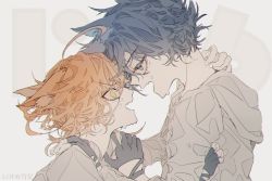 Rule 34 | 1boy, 1girl, ahoge, animal ears, artist name, bishounen, black hair, blue eyes, commentary, couple, emma (yakusoku no neverland), english commentary, face-to-face, fang, fingerless gloves, gloves, hetero, highres, holding person, open mouth, orange hair, ray (yakusoku no neverland), short hair, simple background, tears, wet, wet clothes, yakusoku no neverland, zhuxing0330