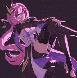 1girl artist_name black_background black_footwear black_shorts blue_eyes boots breasts cape cleavage commentary corset elf elysia_(honkai_impact) elysia_(miss_pink_elf)_(honkai_impact) english_commentary high_heel_boots high_heels highres honkai_(series) honkai_impact_3rd long_hair looking_at_viewer medium_breasts nanumn parted_lips pink_hair pointy_ears purple_theme short_shorts shorts smile solo white_corset