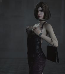 Rule 34 | 1girl, 3d, artist request, bag, bare legs, bare shoulders, breasts, breasts out, brown hair, cleavage, covering privates, covering breasts, dress, eileen galvin, highres, lips, looking at viewer, medium breasts, no bra, shiny skin, short hair, silent hill, silent hill (series), silent hill 4: the room, solo, standing, thighs, wide hips