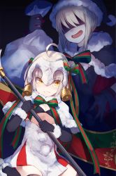 Rule 34 | &gt;:(, 2girls, ahoge, artoria pendragon (all), artoria pendragon (fate), bag, bell, bikini, bikini top only, black gloves, black legwear, blonde hair, capelet, christmas, dark background, dress, elbow gloves, evil smile, faceless, faceless female, fate/grand order, fate (series), flat chest, frown, fur trim, gloves, hat, headpiece, highres, holding, holding bag, holding weapon, jeanne d&#039;arc alter (fate), jeanne d&#039;arc (fate), jeanne d&#039;arc (ruler) (fate), jeanne d&#039;arc alter santa lily (fate), makihitsuji, multiple girls, open mouth, polearm, pom pom (clothes), ribbon, saber (fate), saber alter, sack, santa alter, santa hat, shaded face, short hair, skirt, smile, spear, star (symbol), swimsuit, tears, thighhighs, v-shaped eyebrows, wavy mouth, weapon, yellow eyes