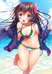 Rule 34 | 1girl, adapted costume, barefoot, bikini, blue sky, blush, breasts, brown eyes, brown hair, cameltoe, cleavage, cloud, crescent, crescent pin, day, frilled bikini, frills, gluteal fold, hair between eyes, hair ornament, hip focus, jacket, kantai collection, kisaragi (kancolle), kisaragi kai ni (kancolle), leaning forward, leg up, long hair, looking at viewer, medium breasts, minami (apricot tea), navel, ocean, off shoulder, open mouth, outdoors, running, shiny skin, side-tie bikini bottom, sky, smile, solo, stomach, swimsuit, teeth, thigh gap, thighs, upper teeth only, water, white bikini