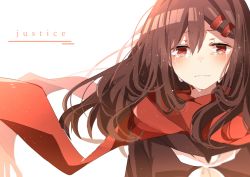 Rule 34 | 1girl, bad id, bad pixiv id, black hair, enpera, hair ornament, hairclip, heremia, kagerou project, long hair, red scarf, scarf, school uniform, simple background, solo, tateyama ayano, tears, white background