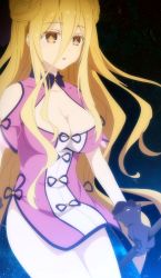Rule 34 | 1girl, absurdres, black gloves, blonde hair, breasts, china dress, chinese clothes, cleavage, cleavage cutout, clothing cutout, collarbone, date a live, double bun, dress, gloves, hair between eyes, hair bun, highres, holding, holding staff, holding weapon, hoshimiya mukuro, large breasts, long hair, open mouth, pelvic curtain, pink dress, screencap, sidelocks, sky, space, staff, star (sky), starry sky, stitched, tassel, thighs, third-party edit, very long hair, weapon, yellow eyes